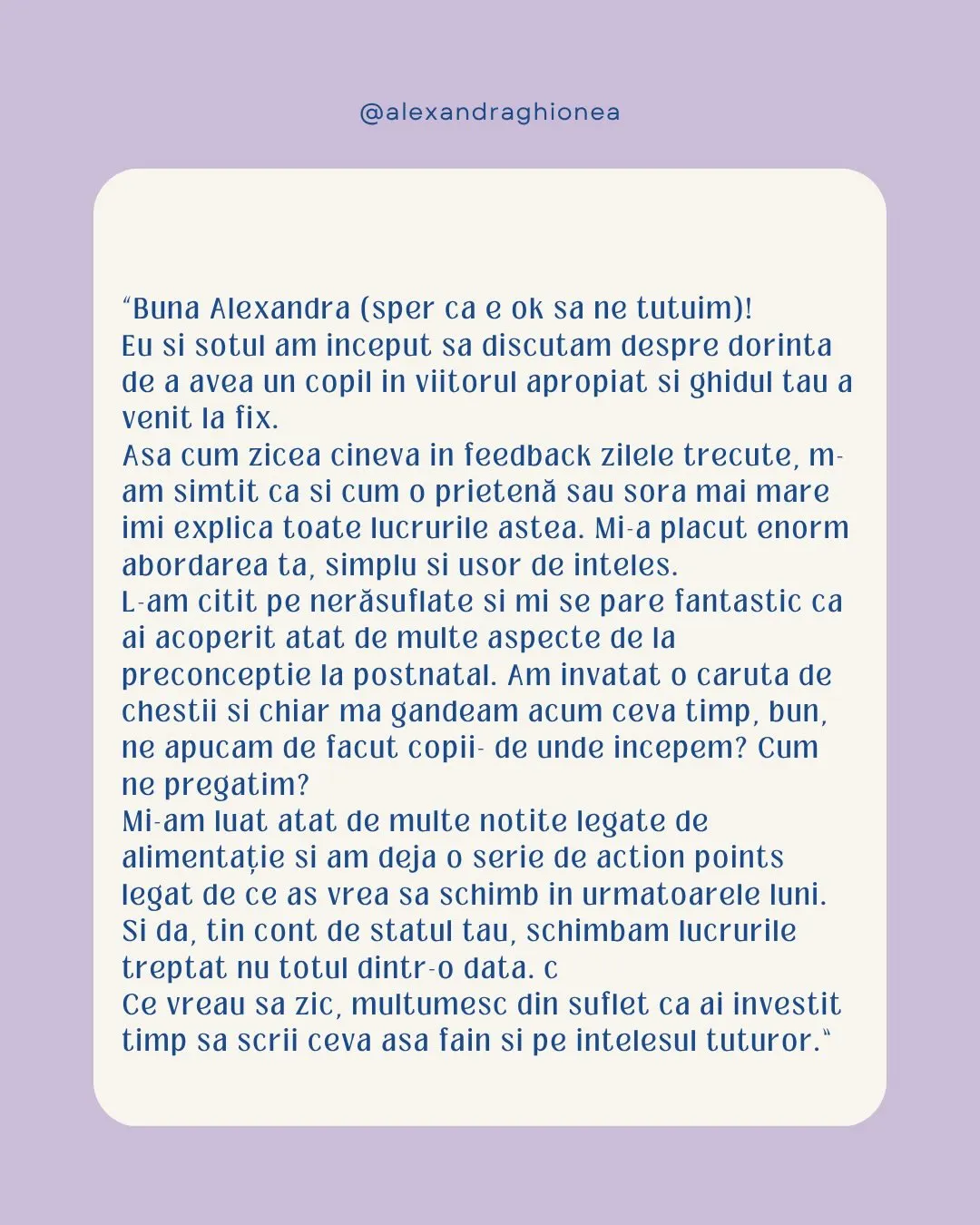 "Buna Alexandra (sper ca e ok sa ne tutuim)!